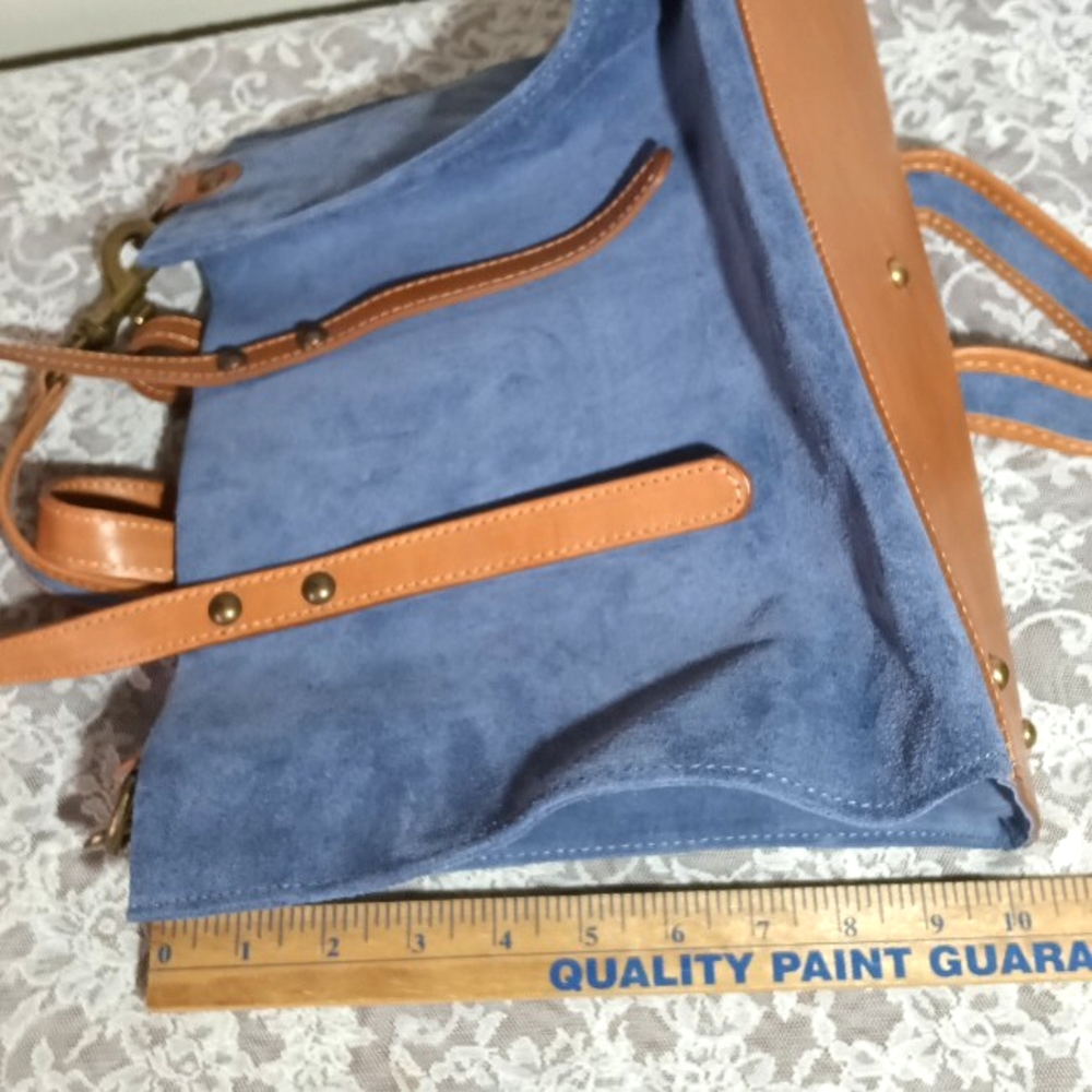 Sundance Made In Italy Suede Large Denim Tote Bag  Leather Straps - Picture 8 of 17